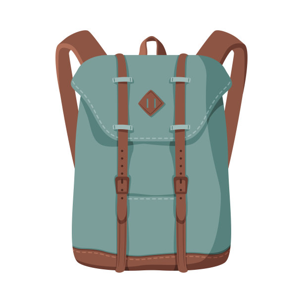 卡其背包，前视图的旅行背包平坦风格矢量插图在白色的背景图片下载