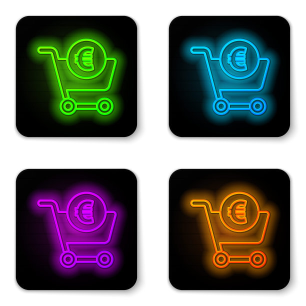 发光的霓虹灯线购物车和欧元符号图标孤立在白色的背景。网上购物的概念。送货服务。购物车。黑色方形按钮。矢量图图片下载