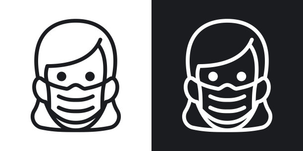 妇女在医疗脸保护口罩。防护外科口罩图标。简单的双色调矢量插图上的黑白背景图片下载