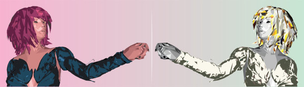 多色三角形多边形女孩，复古风格。惊讶而胆怯地伸出手去摸东西图片下载