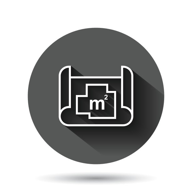 平面风格的房间平面图图标。蓝图矢量插图上的黑色圆形背景与长阴影效果。环扣房项目经营理念。图片下载