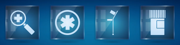 设置放大镜搜索医疗，医疗符号的紧急，拐杖或拐杖和药瓶。方形玻璃面板。向量图片下载