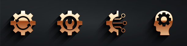 设置齿轮和箭头为工作流程，扳手扳手和齿轮，算法和人的头部与齿轮内的图标与长影子。向量图片下载