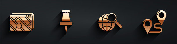 设置城市地图导航信息图、图钉、带地球仪的放大镜和带长阴影的路线位置图标。向量图片下载