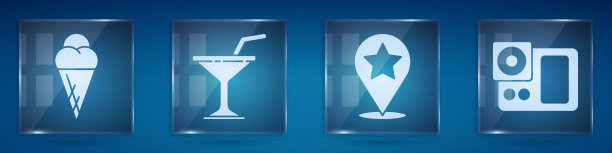 将冰淇淋放入华夫蛋筒，马提尼杯，星形地图指针和相机。方形玻璃面板。向量图片下载