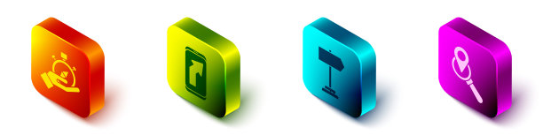 设置等距罗盘，城市地图导航，道路交通标志和搜索位置图标。向量图片下载