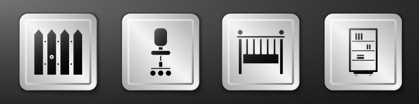 设置花园栅栏木制，办公椅，婴儿摇篮床和图书馆书架图标。银广场按钮。向量图片下载