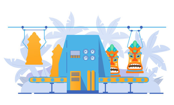 用于生产提基口罩的工厂输送器。夏威夷部落面具生产线。图片下载