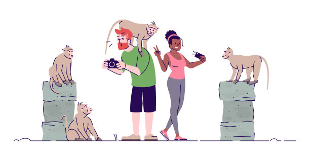 男人和女人拍摄灵长类动物的平面涂鸦插图。圣猴森林。在热带国家度假。印度尼西亚旅游2D卡通人物与商业用途的大纲图片下载