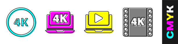 设置4k超高清，笔记本电脑4k视频，在线播放视频和4k电影，磁带，帧图标。向量图片下载