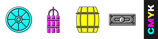 设置旧木轮，引爆炸药棒，木桶和纸钱现金图标。向量图片下载