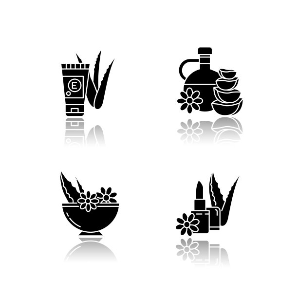 芦荟降影黑色字形图标集。含有维生素的有机奶油。碗里的草药。植物基唇膏。用于护肤的化妆品。孤立的矢量插图上的空白图片下载