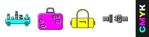 设置机场行李拖车，手提箱，手提箱和安全带图标。向量图片下载