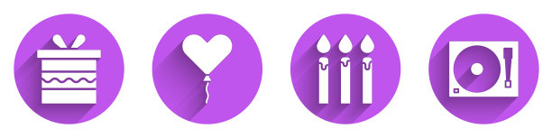 套装礼盒，气球在形式的心脏，生日蛋糕蜡烛和乙烯基播放器与乙烯基磁盘图标与长影子。向量图片下载