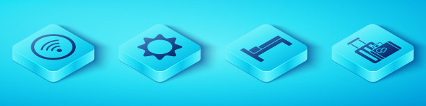 设置等距Wi-Fi无线网络，太阳，手提箱和床图标。向量图片下载