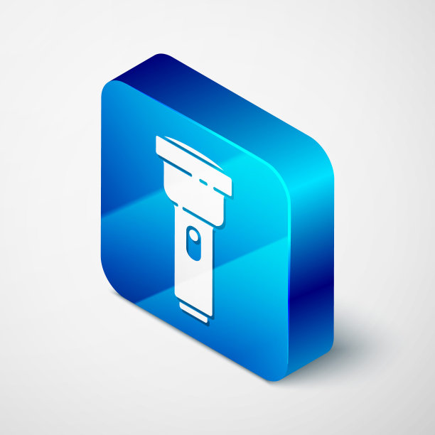 等距手电筒图标孤立在灰色背景。蓝色方块按钮。矢量图图片下载