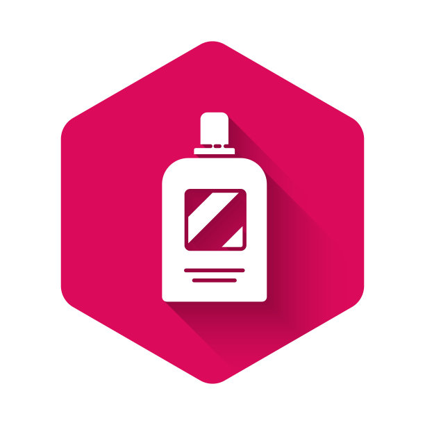 白色瓶子的洗发水图标孤立与长阴影。粉红色的六角按钮。矢量图图片下载