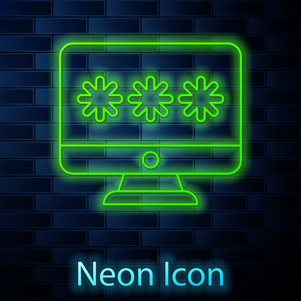 发光的霓虹灯线监视器与密码通知图标隔离在砖墙的背景。安全，个人访问，用户授权，登录表单。矢量图图片下载