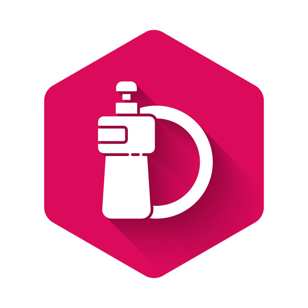 白色洗碗液瓶和盘子图标与长阴影隔离。液体洗洁精用于洗碗。粉红色的六角按钮。矢量图图片下载