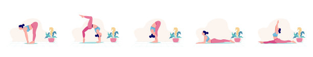 5种不同的瑜伽姿势扁平插画，创意海报或banner设计，包含瑜伽女性插画，用于瑜伽日庆祝活动。图片下载