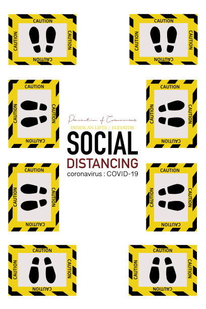 社交距离防止病毒的爆发。预防病毒的传播。保护你自己。顶视图的足迹盒，注意站在电梯内。图片下载