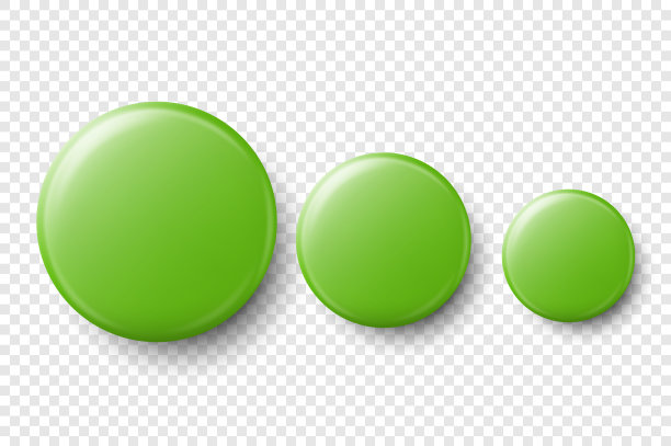矢量3d现实的绿色金属，塑料空白按钮徽章设置不同大小的特写隔离透明背景。前视图。品牌标识，图形演示的模板。模型图片下载