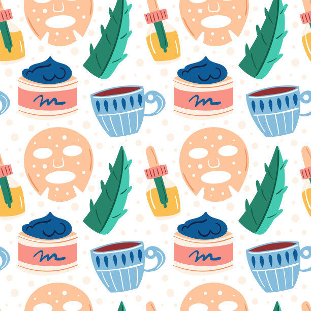 家庭spa的夜晚。美丽的过程。皮肤、头发、指甲护理。娱乐，自我照顾，放松，休息。茶，面膜，芦荟，油。专业的化妆品。平面手绘矢量无缝模式，纹理，背景。图片下载