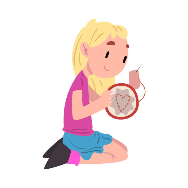 可爱的女孩坐在地板上绣花，儿童日常活动卡通风格矢量插图在白色的背景图片下载
