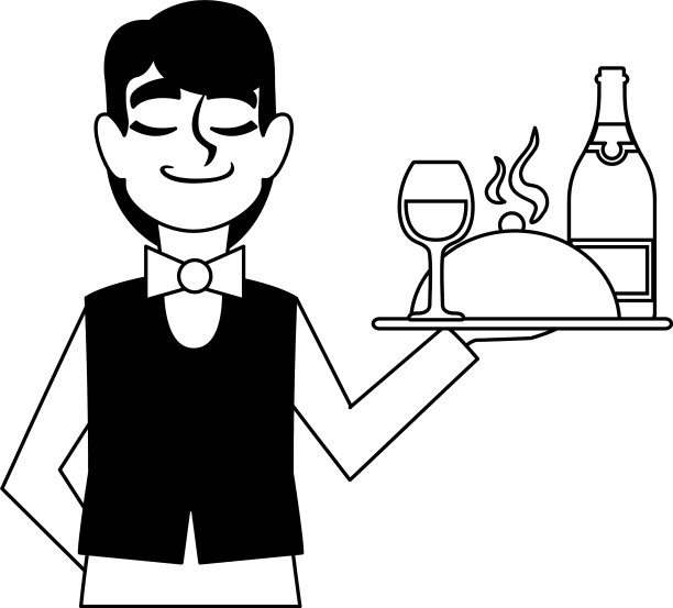 男侍者端着托盘，托盘上放着一瓶白葡萄酒图片下载