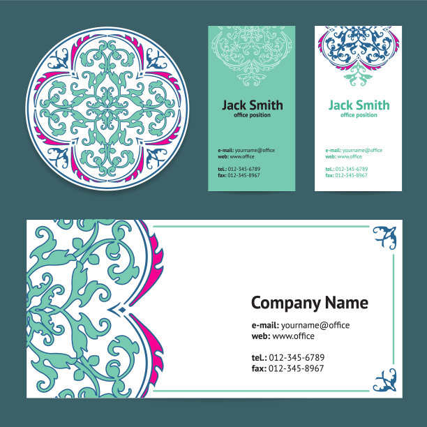公司名片设计集和信封与啤酒垫与土耳其装饰和大马士革图案背景图片下载