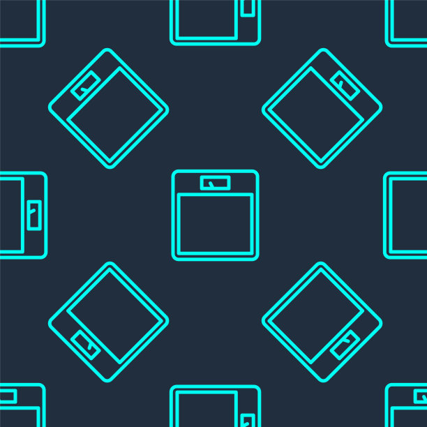 绿色线浴室秤图标孤立无缝模式上的蓝色背景。体重测量设备。体重秤健身运动概念。矢量图图片下载