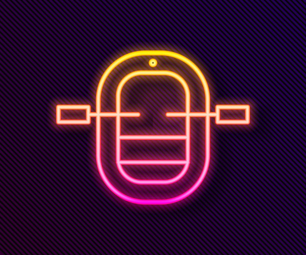 发光的霓虹灯线漂流船图标孤立在黑色的背景。有桨的充气船。水上运动，极限运动，假期，假期。矢量图图片下载