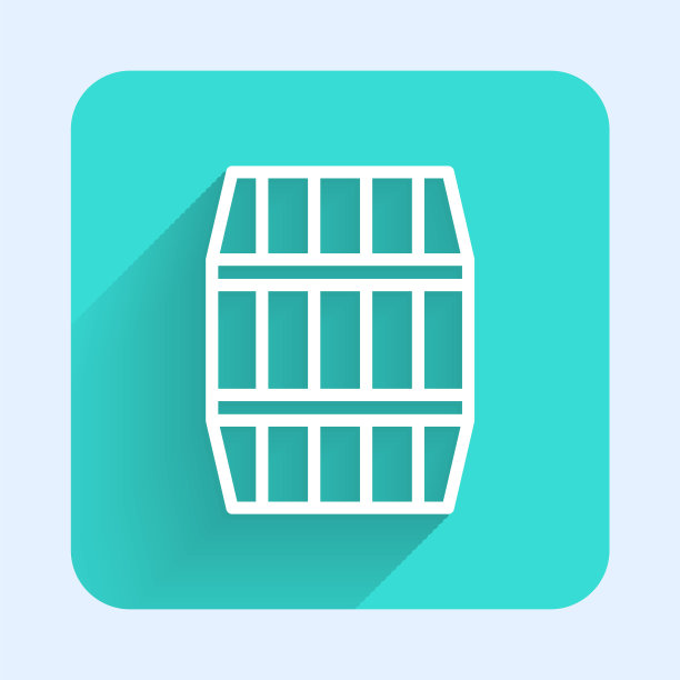 白线木桶图标孤立与长影子。酒桶，饮料容器，啤酒，威士忌，葡萄酒的木桶。绿色广场按钮。矢量图图片下载