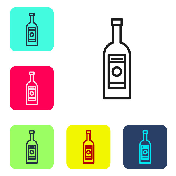黑色线条的伏特加酒瓶图标孤立在白色的背景。设置图标的颜色方形按钮。矢量图图片下载
