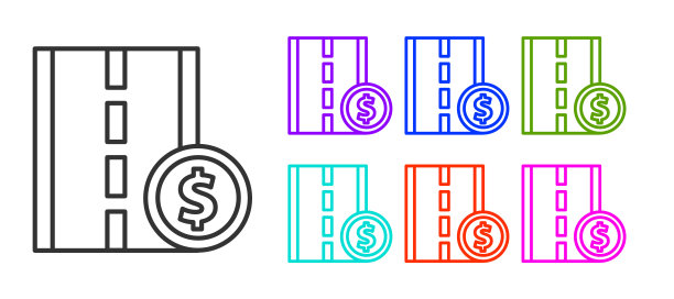 黑线收费公路交通标志。路标图标孤立在白色背景上。指针的象征。街道信息信号。方向的信号。设置图标丰富多彩。矢量图图片下载