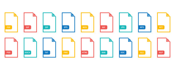 文件格式图标集，文档文件平面集合，白色背景。图片下载