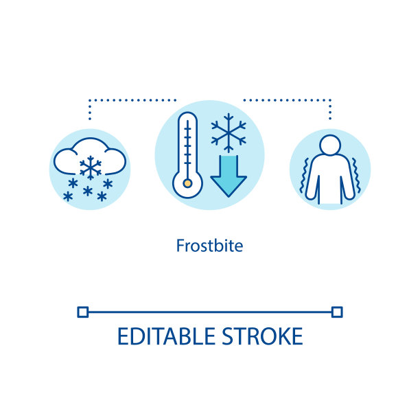 冻伤，皮肤冷冻概念图标。低温效应，冬季外伤，皮肤损伤观念细线插图。矢量隔离轮廓RGB彩色绘图。可编辑的中风图片下载