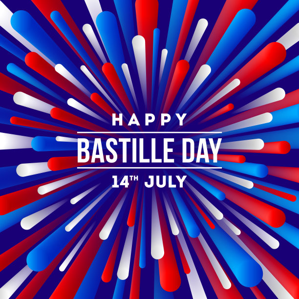 法国的国定假日——巴士底日。迎宾设计以法国国旗颜色的烟花绽放光芒。矢量插图。图片下载