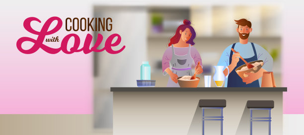 一面烹饪横幅，上面画着一对相爱的夫妇在厨房的桌子上一起揉面。图片下载