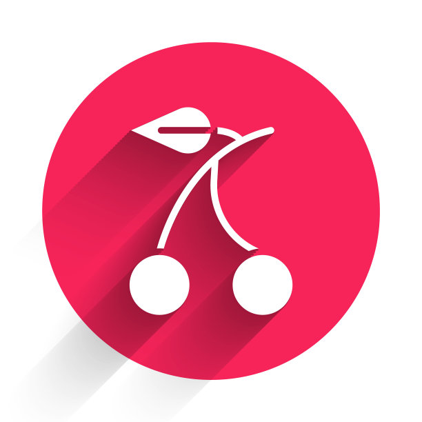 白色赌场老虎机樱桃标志图标孤立与长影子。赌博游戏。红色圆圈按钮。矢量图图片下载