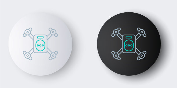 线无人机飞行与行动摄像头图标孤立在灰色背景。带有视频和照片相机符号的四轴飞行器。色彩斑斓的轮廓的概念。向量图片下载