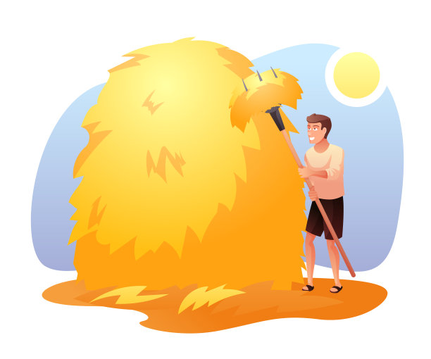 农民堆叠干草平面矢量插图图片下载