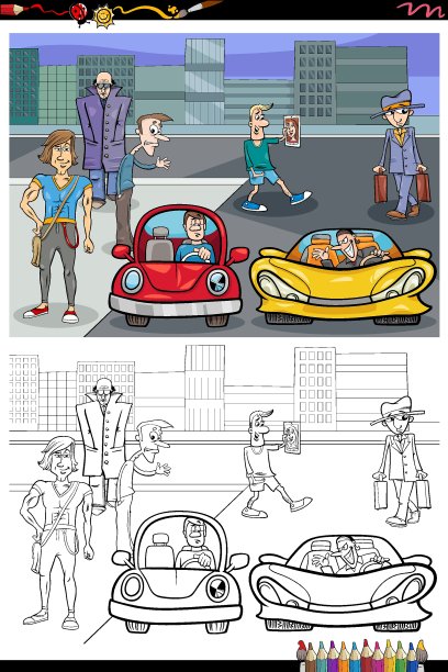 卡通人物在街上涂色书页图片下载