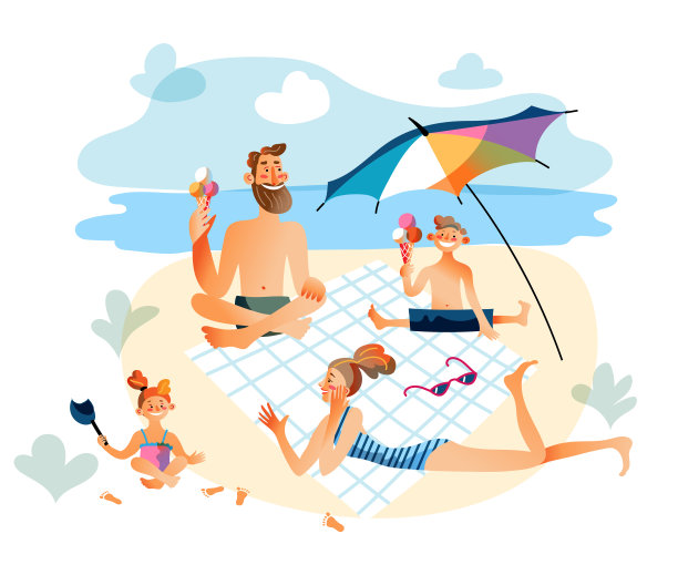 父母和孩子在海滩野餐，吃冰淇淋图片下载