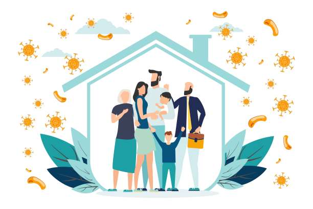 有孩子的快乐父母可以免受病毒和疾病的伤害。良好的免疫力，接种疫苗和健康的生活方式。全家福时尚的风格。平面向量插图图片下载