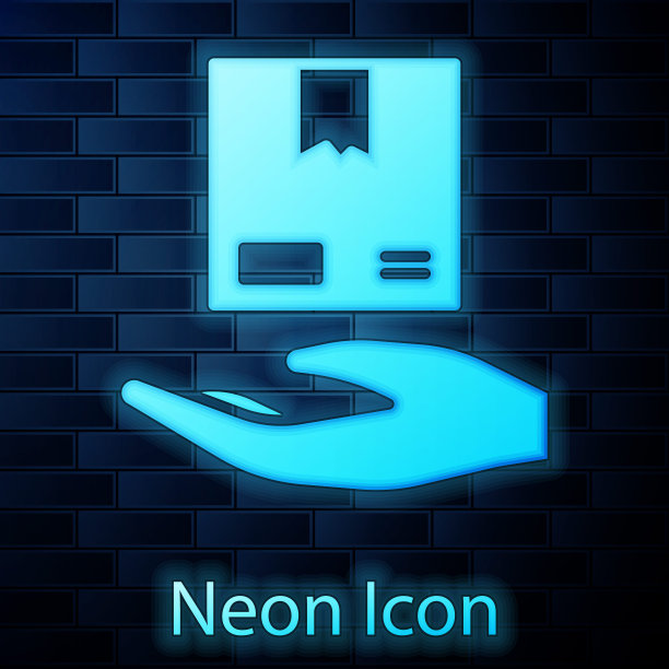 发光的霓虹灯交付手与纸箱图标隔离在砖墙的背景。快递送货上门。矢量图图片下载