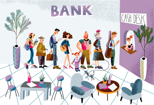 向量人物男人和女人在银行排队图片下载