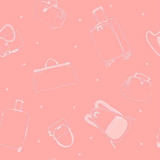 无缝模式与旅行袋，轮式行李箱和背包。粉红色背景上的白色轮廓。图片下载