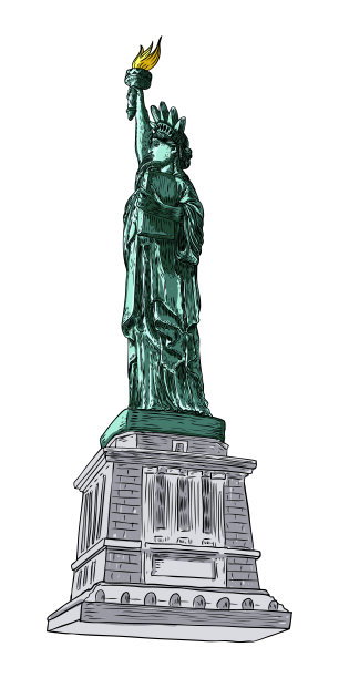 纽约著名的自由女神像素描。手绘方式，线条描边。写实水墨素描，勾勒扁平。纽约和美国的地标。美国国家自由的象征和美国独立宣言。向量。图片下载
