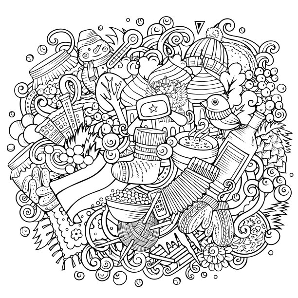 俄罗斯手绘卡通涂鸦插画。设计有趣的旅行。图片下载